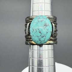 Vtg Silver Tone Faux Turquoise Wide Cigar Band Statement Cocktail Ring Size 5.5
