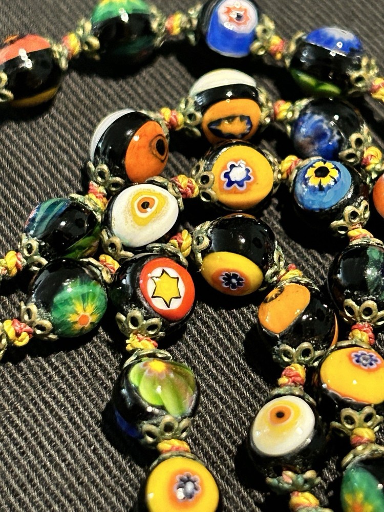VTG Venetian Colorful Millefiori Glass Beads Knotted Choker Necklace 5mm x 17.5″