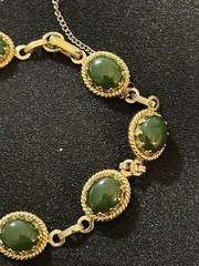 Vintage Gold Plated Nephrite Jade Link Bracelet Oval Cabochon Safety Chain 7″