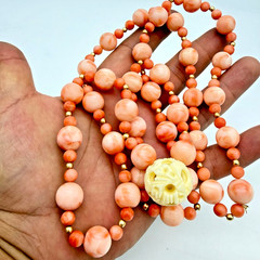 VTG Angel Skin Coral Necklace 36in Carved White Chinese Puzzle Ball 11mm OOAK