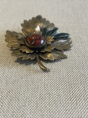 Vintage Cut Copper Leaf Brooch Red Jasper Cabochon Oak Pine Nature Pin Layered