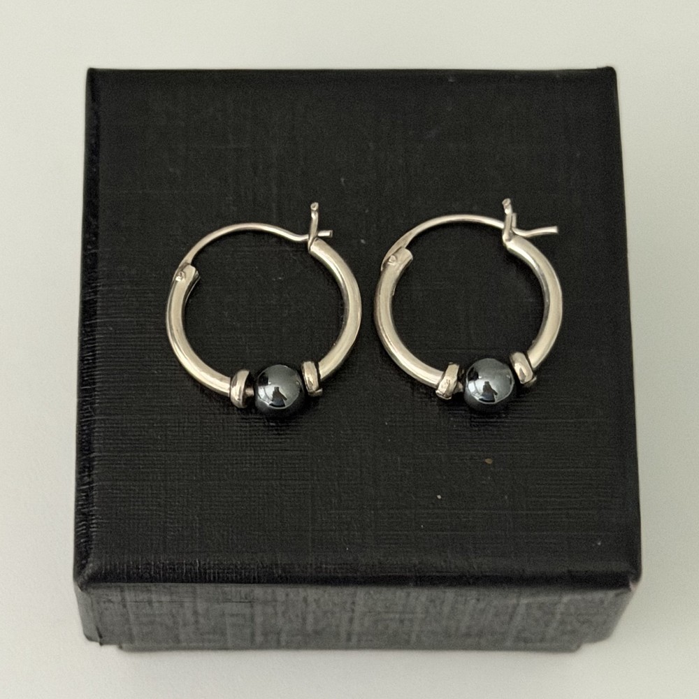 Vintage 925 Sterling Silver Small Huggie Hoop Earrings Hematite Stone