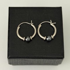 Vintage 925 Sterling Silver Small Huggie Hoop Earrings Hematite Stone