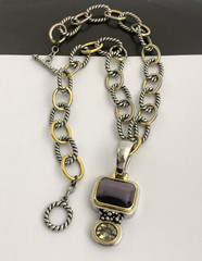 Vintage Silver and Gold Tone Cable Chunky Chain Necklace w/ Purple Stone Pendant