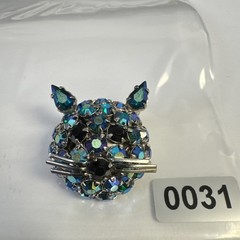 Vintage WARNER Cat Face Blue Green AB Rhinestone Brooch pin 1960’s kitten head