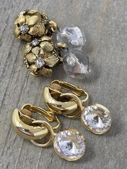 2 Pairs Vintage Gold Tone & Clear Rhinestone Clip-on Earrings Dangle Drop Style