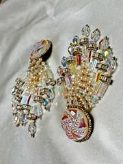 Glamorous Signed Chipita Simulated Pearl Cut AB Crystal Bead Clip-on Earrings
