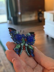 Verified Juliana D&E Butterfly Brooch Black Japanned Blue Art Glass Rare
