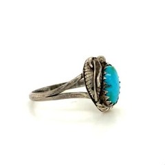 Vintage Sterling Native American Old Pawn Turquoise Stone Feather Ring sz 6 1/4
