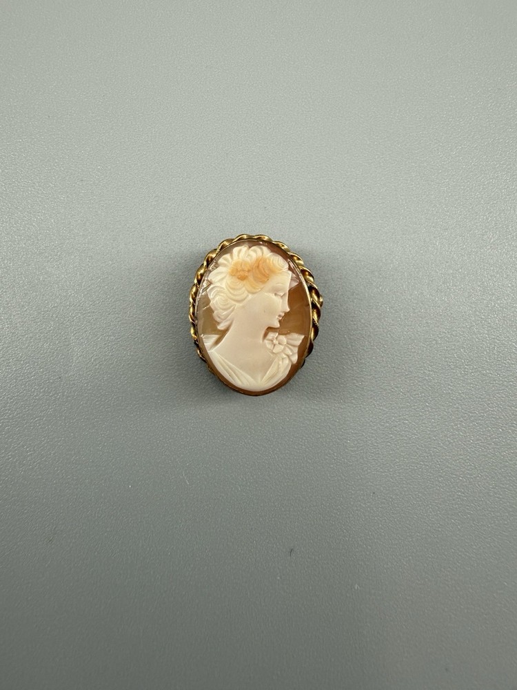 Vintage Carved Shell Cameo Brooch Pendant 1/20 12K GF Lady Portrait Twist Frame