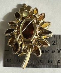 JULIANA Brooch D&E Book Piece Orange & Root Beer Rhinestones Gold Leaves Vintage