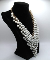 Vintage RJ Graziano statement bib necklace Goldtone chainmail and faux pearls