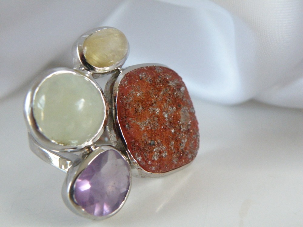Huge Sterling Silver 925 Natural Gemstone Statement Vintage Ring Size 6