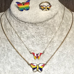 Vintage 1970s 1980s Enameled Butterfly Jewelry Necklaces Ring Rainbow Pin