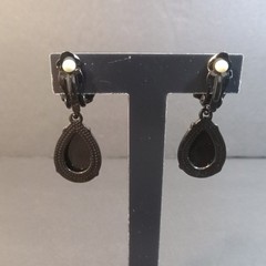 Sparkle Gem Oval Drop Earrings Jet Black Teardrop Pendant Dangle Shaped Clip Ons
