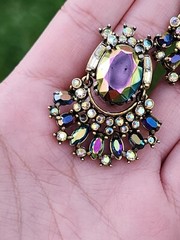 Vtg Hollycraft 1956 Peacock Blue Ab Clip Earrings Iridescent Glass Articulated