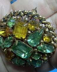 VTG Signed Barclay Brooch 1947 USA 12K Gold Plated W Yellow Green Cut Crystals