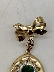 Vintage Bow Locket Pin Brooch Gold Tone Green Stone Rhinestones Original Photos