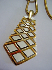 Vintage 70s Trifari Moderne Gold Cage White Enamel Pendant Snake Chain Necklace