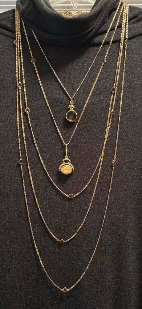 Vintage Goldette 5 Strand Cameo Necklace Amber Glass Stations Layered Gold Tone