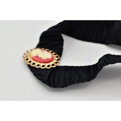 Vintage Cameo Choker Necklace Pendant Black Ribbon Fabric Gold NOS 1990s A23