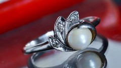 10k white gold size 6.75 ring 5.3mm cultured pearl natural diamond antique 2.28g