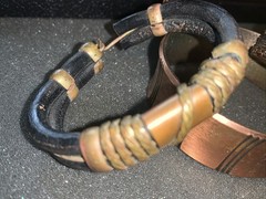 Vintage Brass Copper Bangle Bracelets Ethnic Boho Leather Inlay Lot of 4