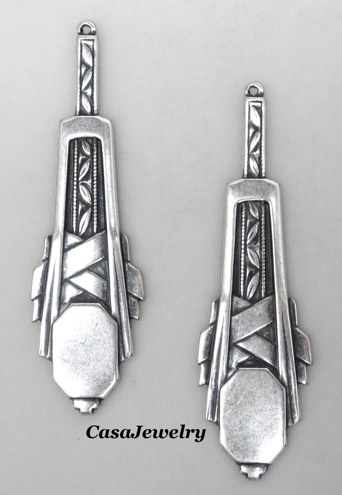 #0184 ANTIQUED STERLING SILVER PLATED ART DECO DROP W/TOP HANG RING – 2 Pc Lot