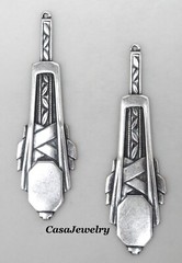 #0184 ANTIQUED STERLING SILVER PLATED ART DECO DROP W/TOP HANG RING – 2 Pc Lot