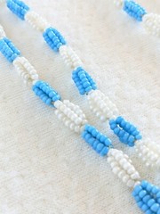 Vintage Southwestern Sky Blue & White Glass Seed Beaded Tassel Boho Necklace
