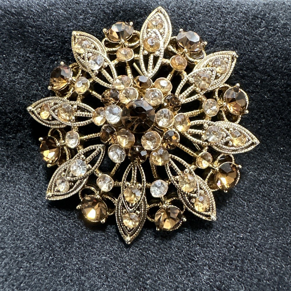 Flower Clear & Honey Rhinestone LIZ CLAIBORNE Vintage Gold Brooch M-6476