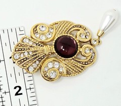 Vintage Signed Jeff Lieb Brooch Purple Cabochon Rhinestone Faux Pearl
