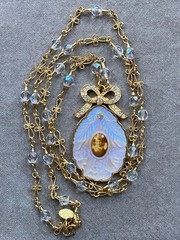 Vintage Kirks Folly Moonglow Portrait Pendant, AB Crystal Necklace, 32″, Retired