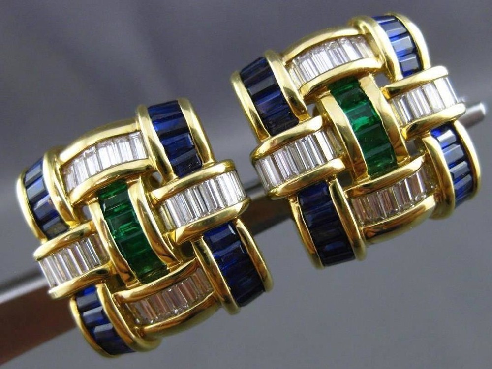 ESTATE 5.30CT DIAMOND AAA MULTI GEM 14KT YELLOW GOLD SQUARE INTERTWINED EARRINGS