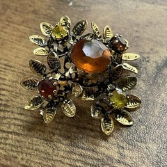 Vintage Austrian Rhinestone Brooch Autumn Orange Yellow Gold Tone Floral Pin