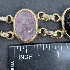 Vintage Double‑Strand Scarab Bracelet Gold Tone Carved Stones Safety Chain 7in