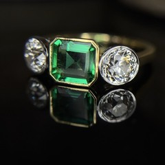 New by Heritage No Oil Emerald 3 Stone Old European Diamond Ring 2.45 ctw