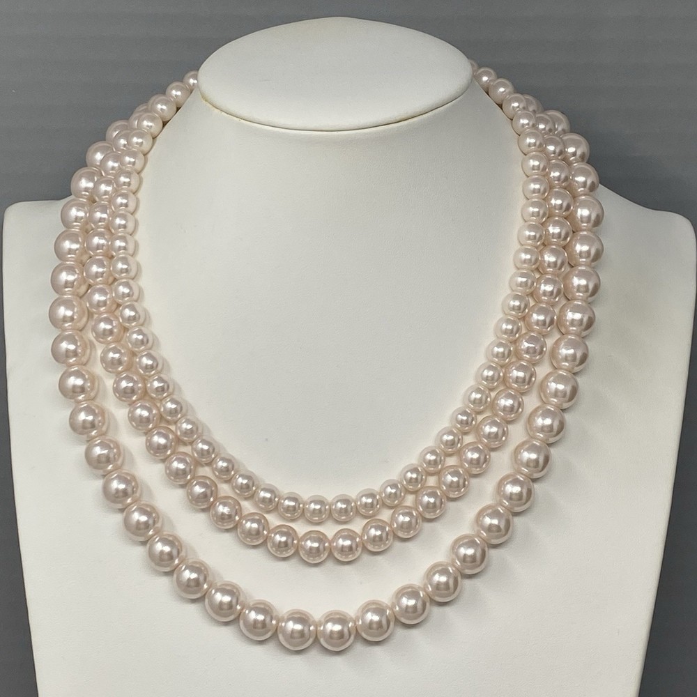 Imitation Pearl Necklace Soft Pink Hue Tripple Strand Collar Classic Couture 16″