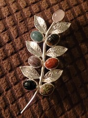 Vintage Sterling 925 Scarab Brooch Botanical Leaves Gemstones Pin Is Signed JJJ