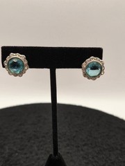 Vintage Faux Aquamarine Stud Earrings Silver Tone Scalloped Halo Crystal Border