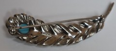 Art Nouveau Sterling Silver 925 Feather Design 2 1/2″ Turquoise & Rhinestone Pin