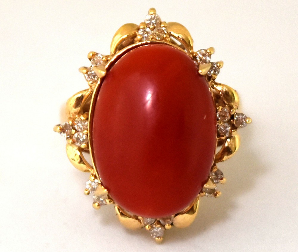 Antique Victorian 14K Solid Gold, Diamonds and Large Natural Undyed Coral Ring