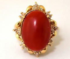 Antique Victorian 14K Solid Gold, Diamonds and Large Natural Undyed Coral Ring