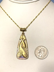 LAST ONE*RARE-ANT.EGYPT REVIVAL GOLD AURORA CZECH GLASS FISH TRIANGLE NECKLACE.g