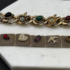 Lot of 2 Vintage Victorian Revival 8 Panel & Mesh Charm Bracelet Estate Jewelry