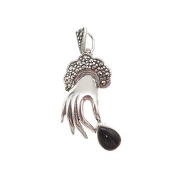 935 Silver Vintage Real Black Onyx & Marcasite Hand Oxidized Charm Pendant