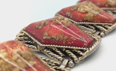 Vintage Selro Selini Red Confetti Lucite Panel Bracelet Coffin Chunky Wide MCM
