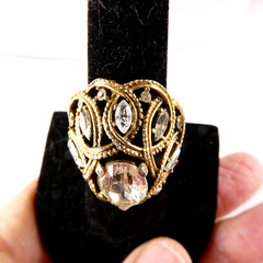 Vintage Crown Trifari Cocktail Ring Dome Shaped Gold Tone Clear Marquise Stones
