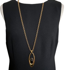 Monet Pendant Necklace Gold Tone Black Rolo Belcher Chain 33″ Signed Vintage