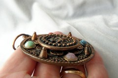 Vintage Copper Brass Faux Gemstone Knight Crest Shield Brooch Pendant Necklace